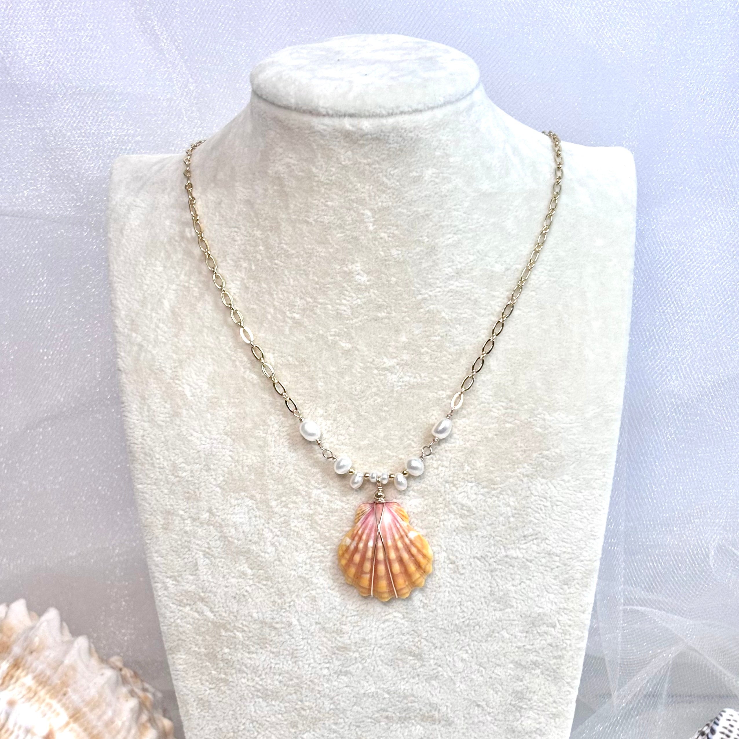 Hawaiian sunrise shell Necklace w/ white pearls