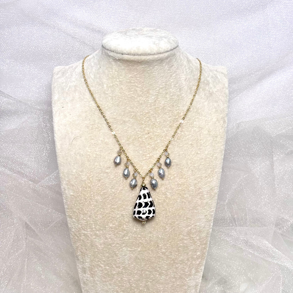 Hebrew cone shell charm Necklace w/ light gray pearls