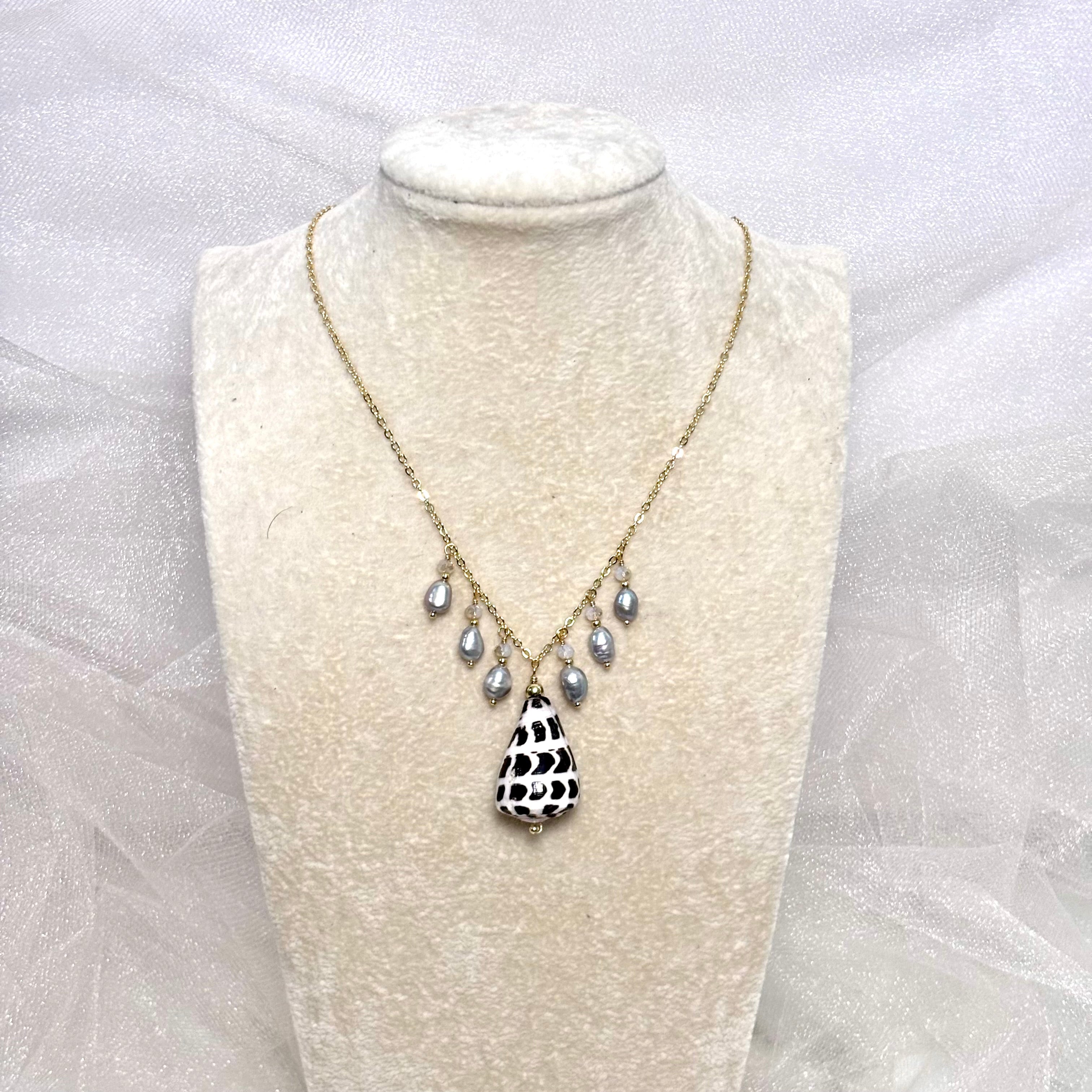 Hebrew cone shell charm Necklace w/ light gray pearls