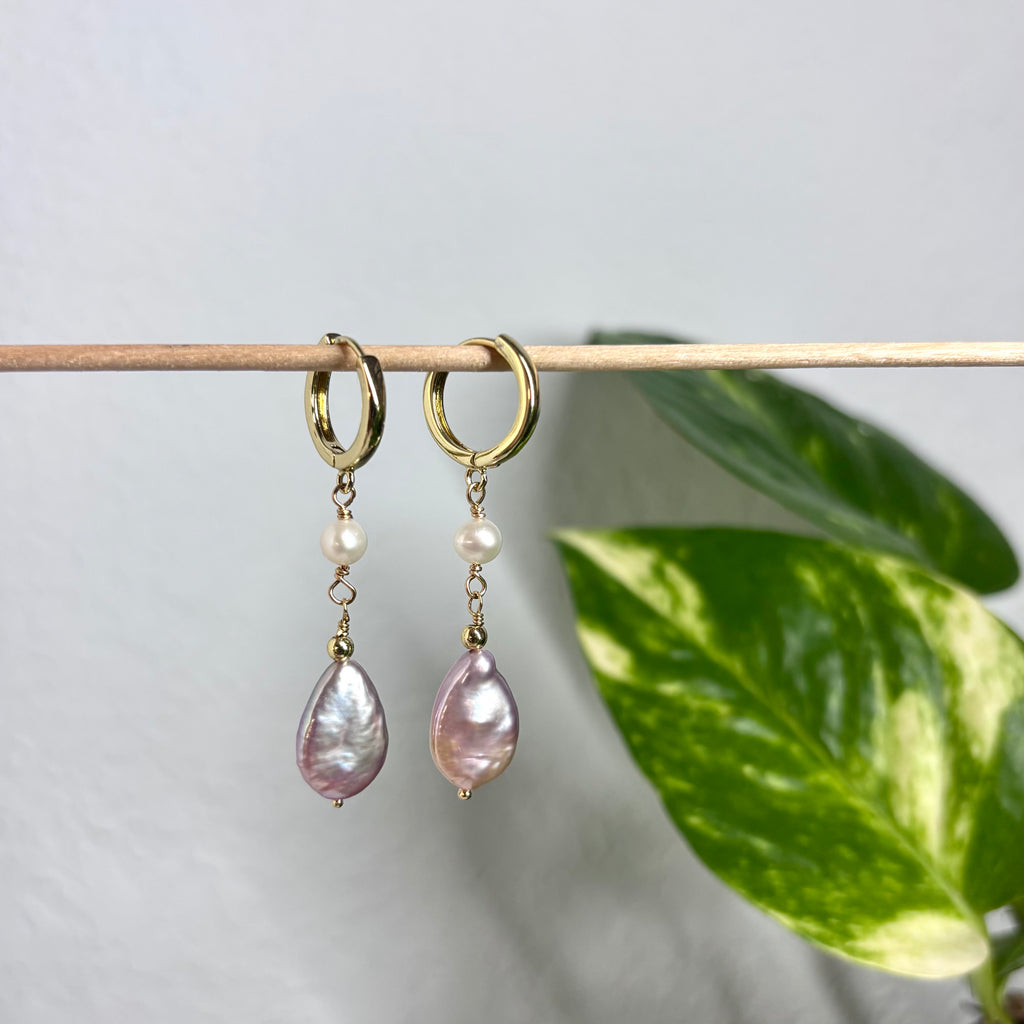 Pink teardrop Earrings w/ white pearls