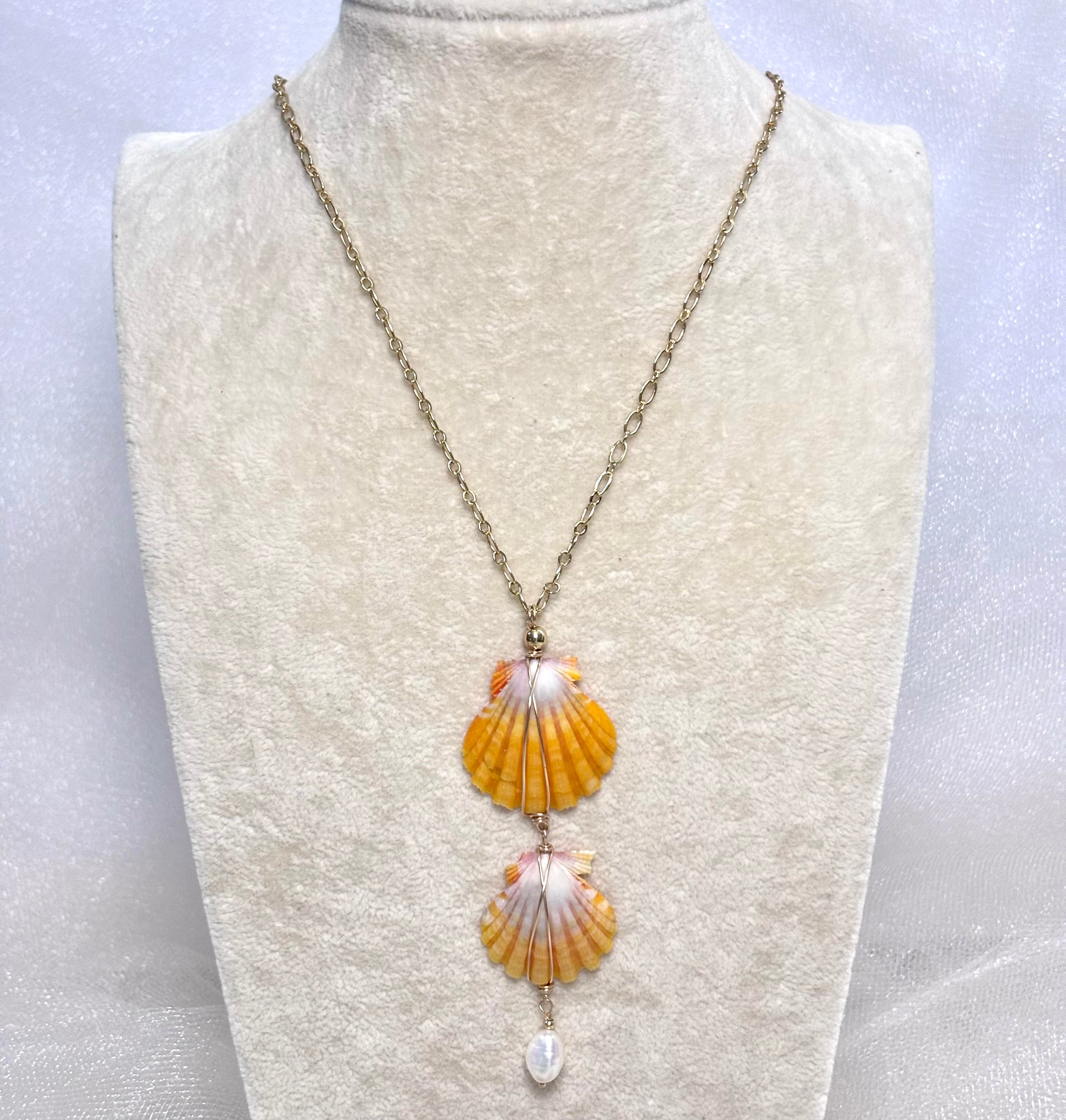 Hawaiian sunrise shell double Necklace w/ white pearls