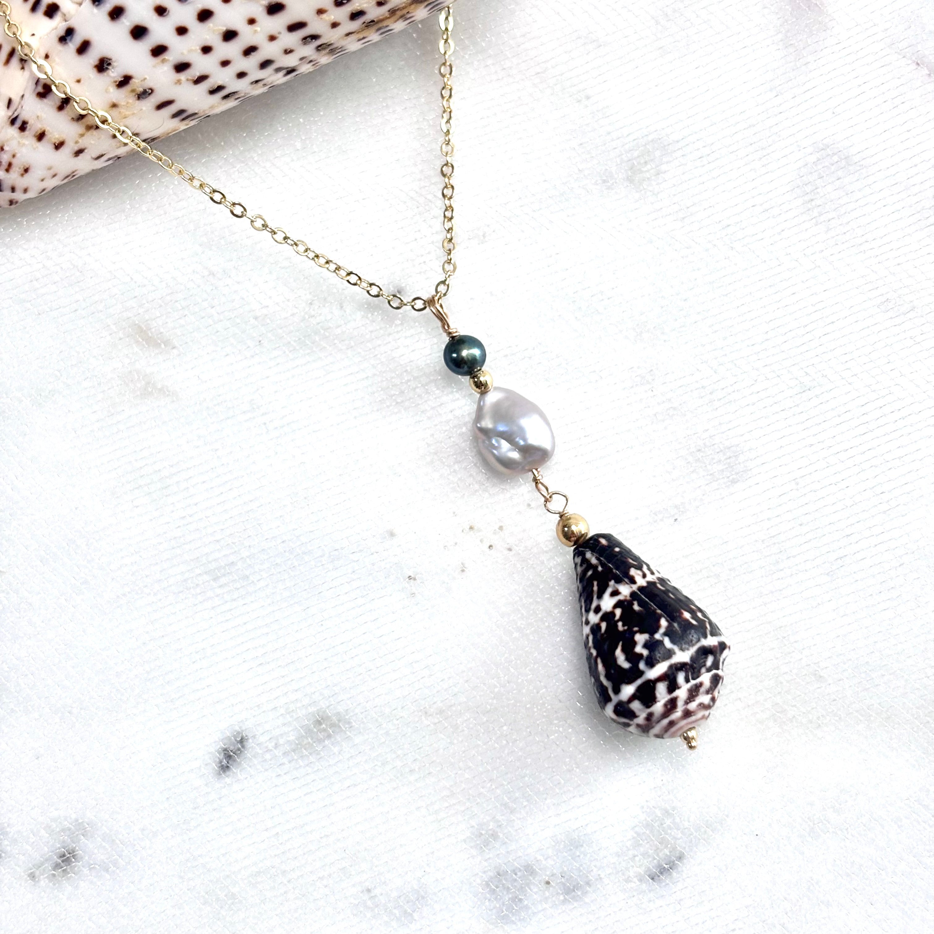 Chaldean cone shell Necklace w/ Keshi pearls