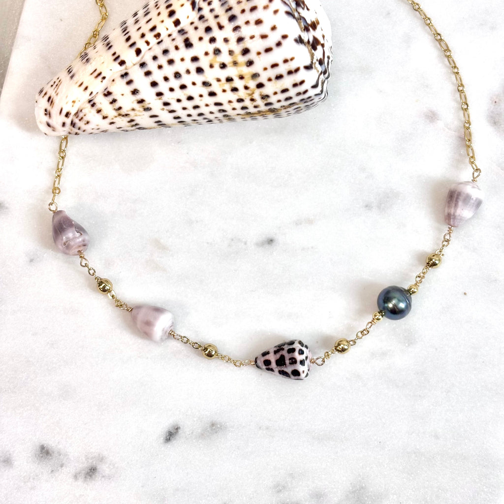Multiple mini cone shell Necklace w/ Tahitian pearls