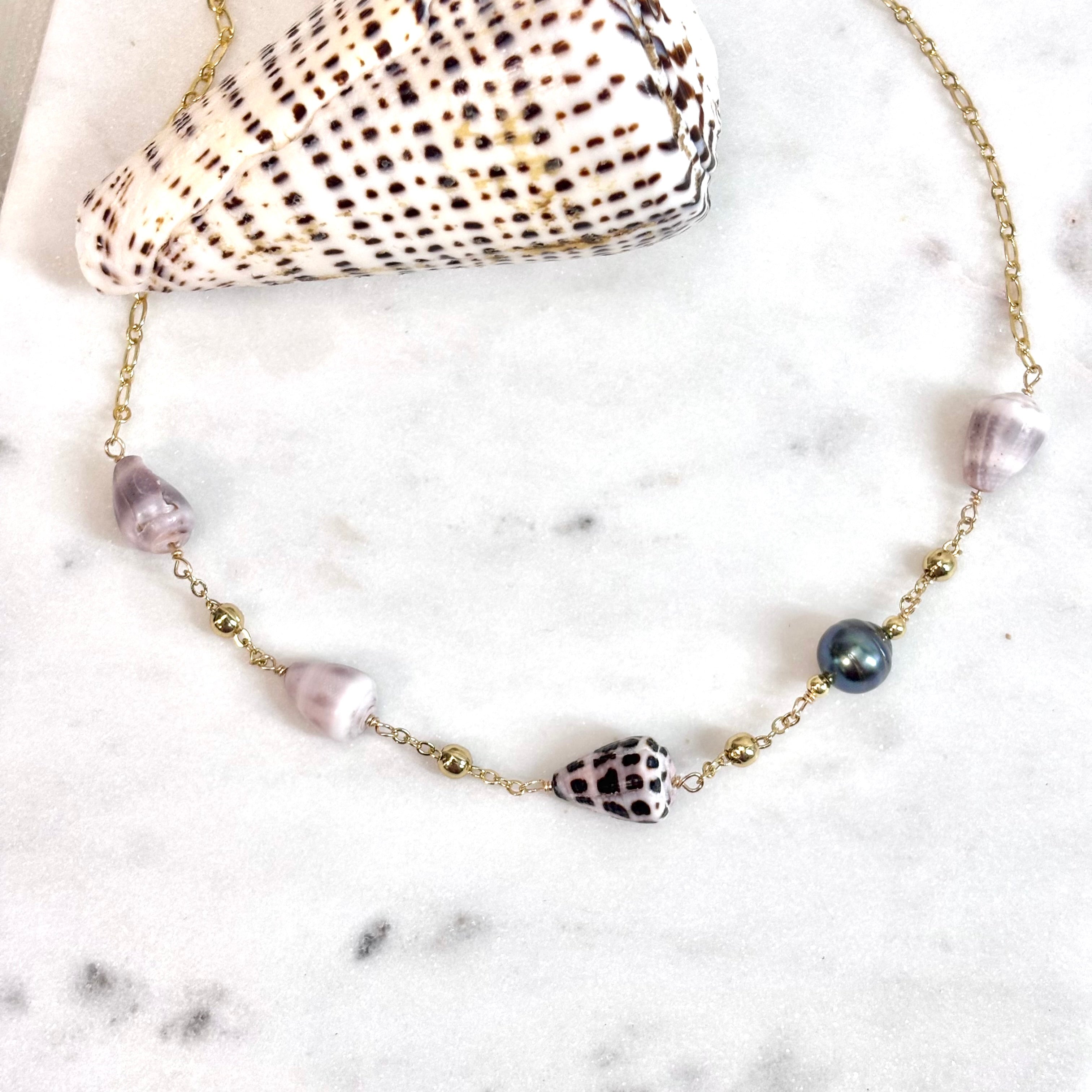 Multiple mini cone shell Necklace w/ Tahitian pearls