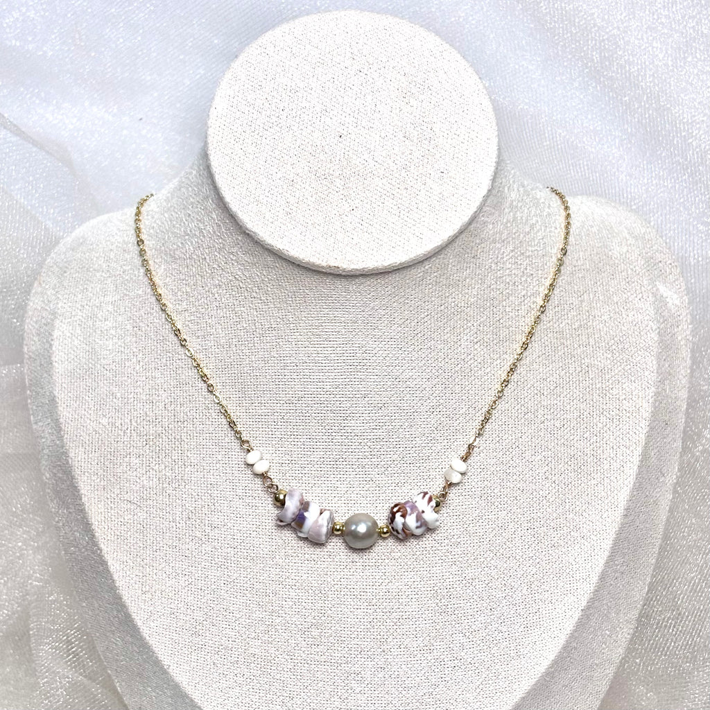 Light gray pearl Necklace w/ puka shells