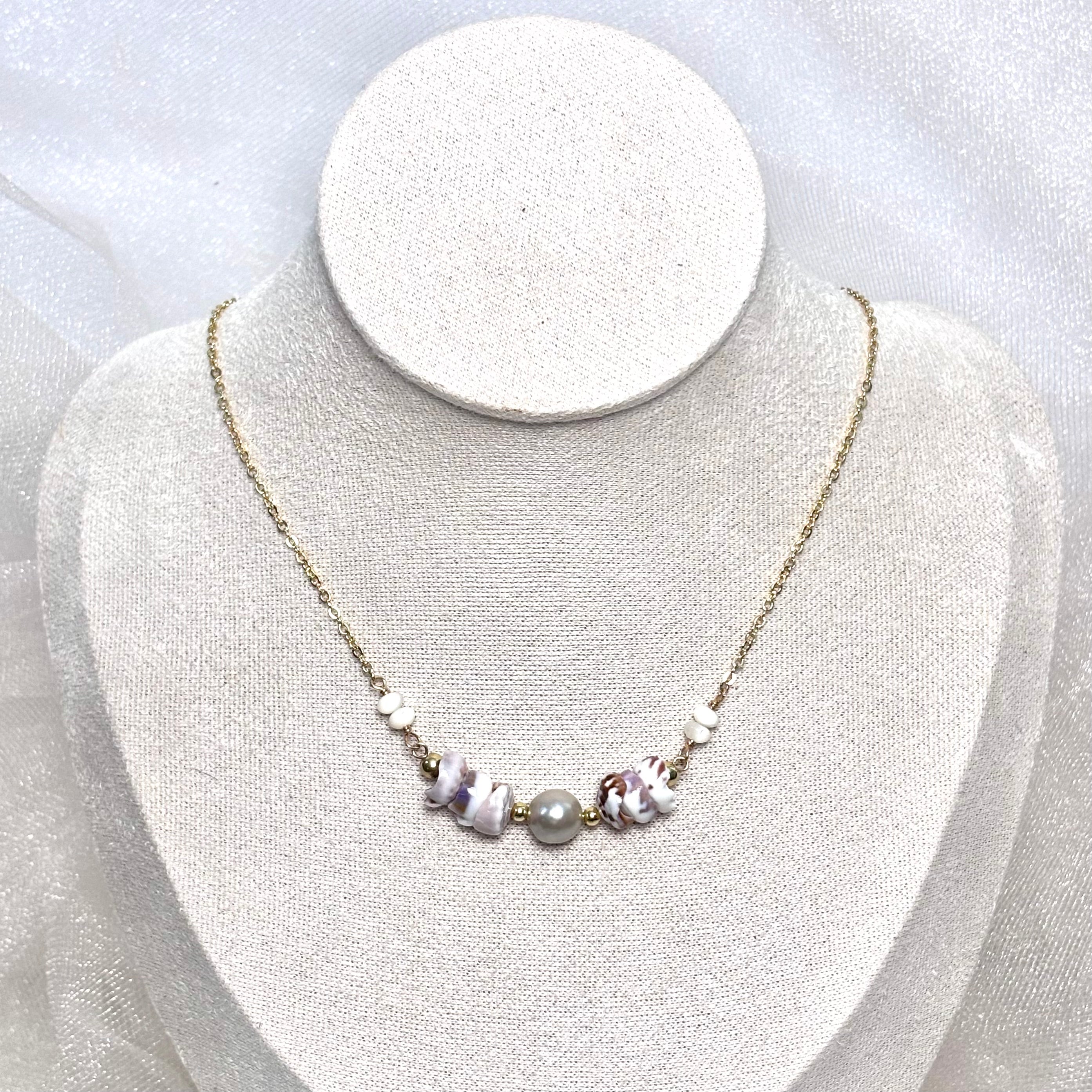 Light gray pearl Necklace w/ puka shells