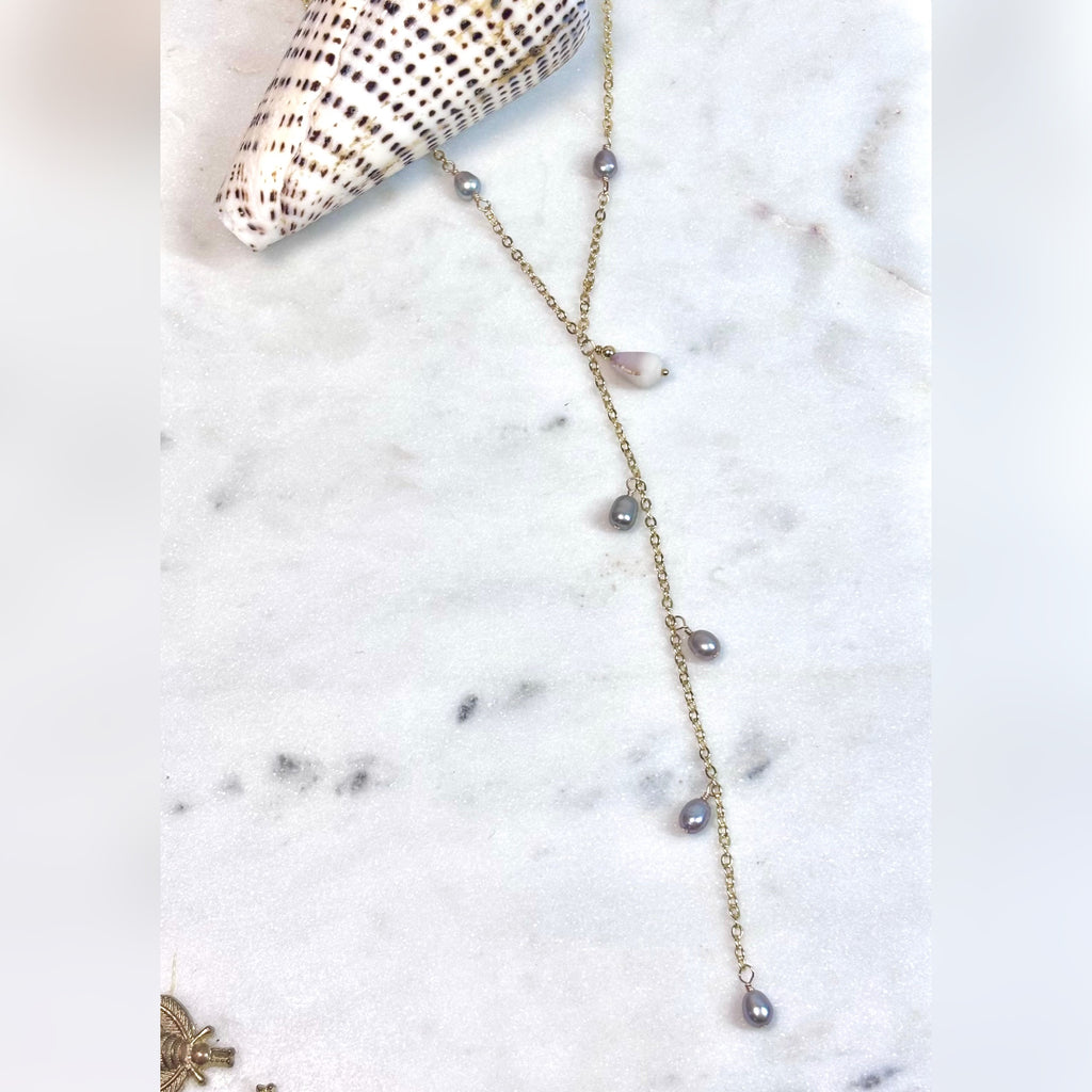 Light gray pearls lariat Necklace w/ tiny cone