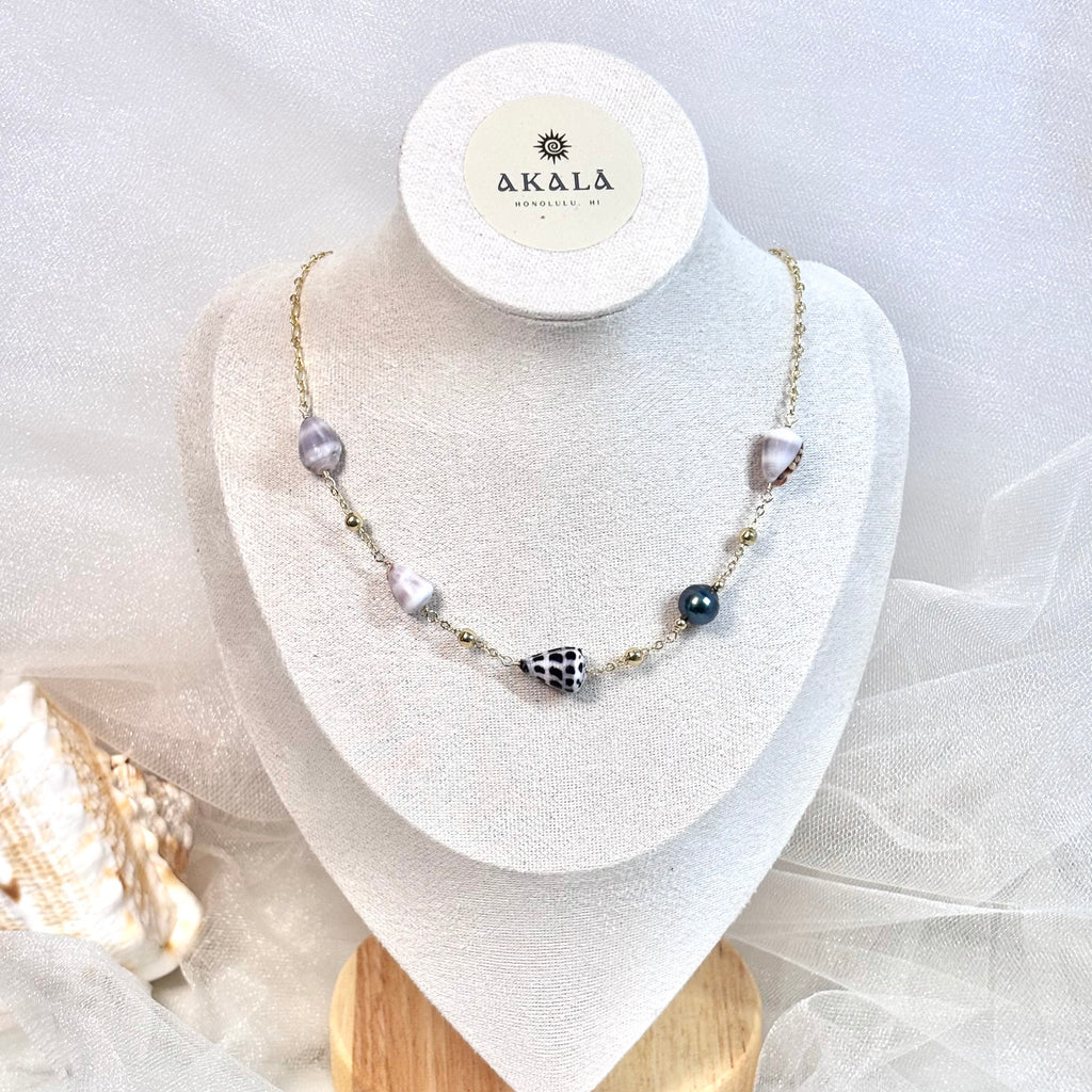 Multiple mini cone shell Necklace w/ Tahitian pearls