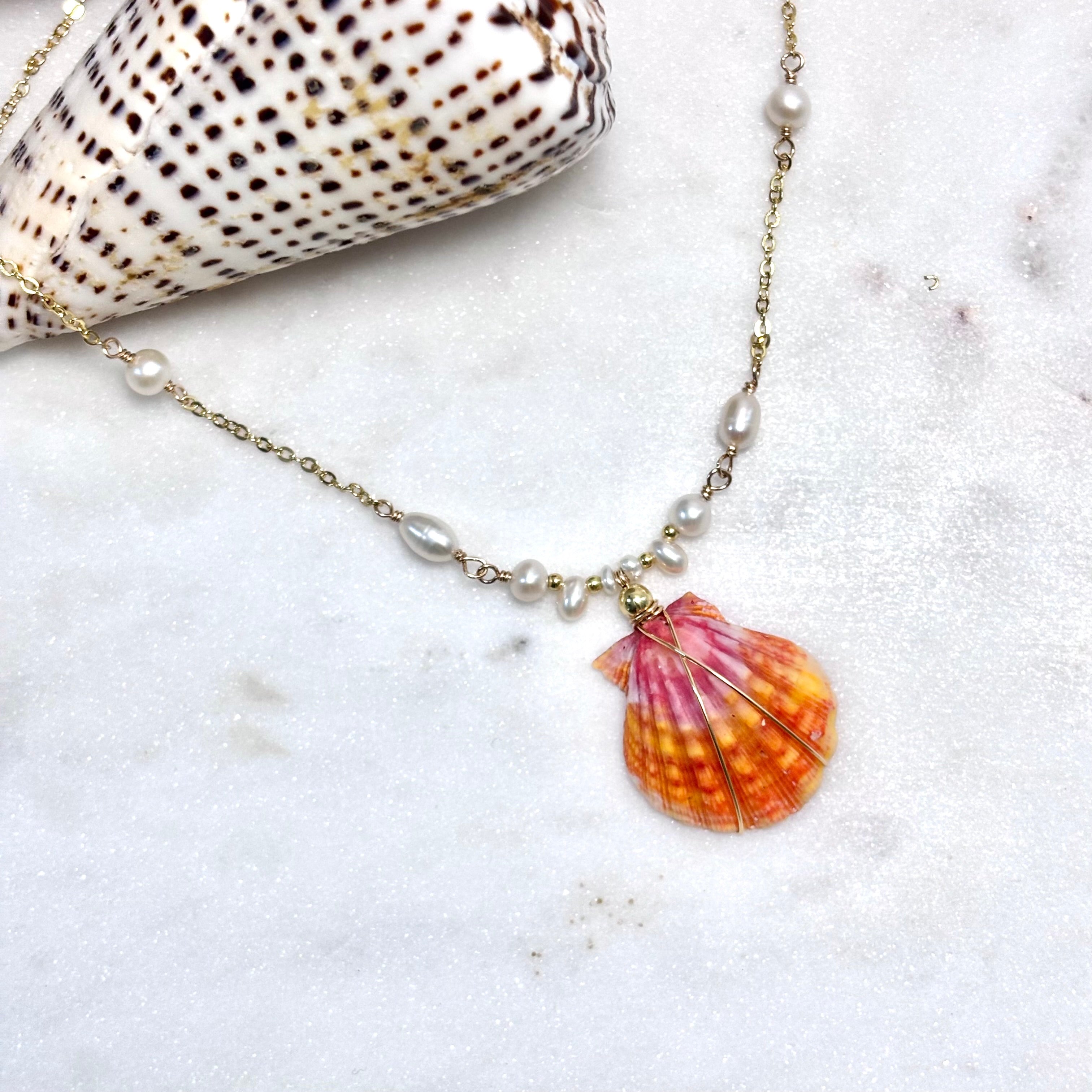 Hawaiian sunrise shell Necklace w/ white pearls