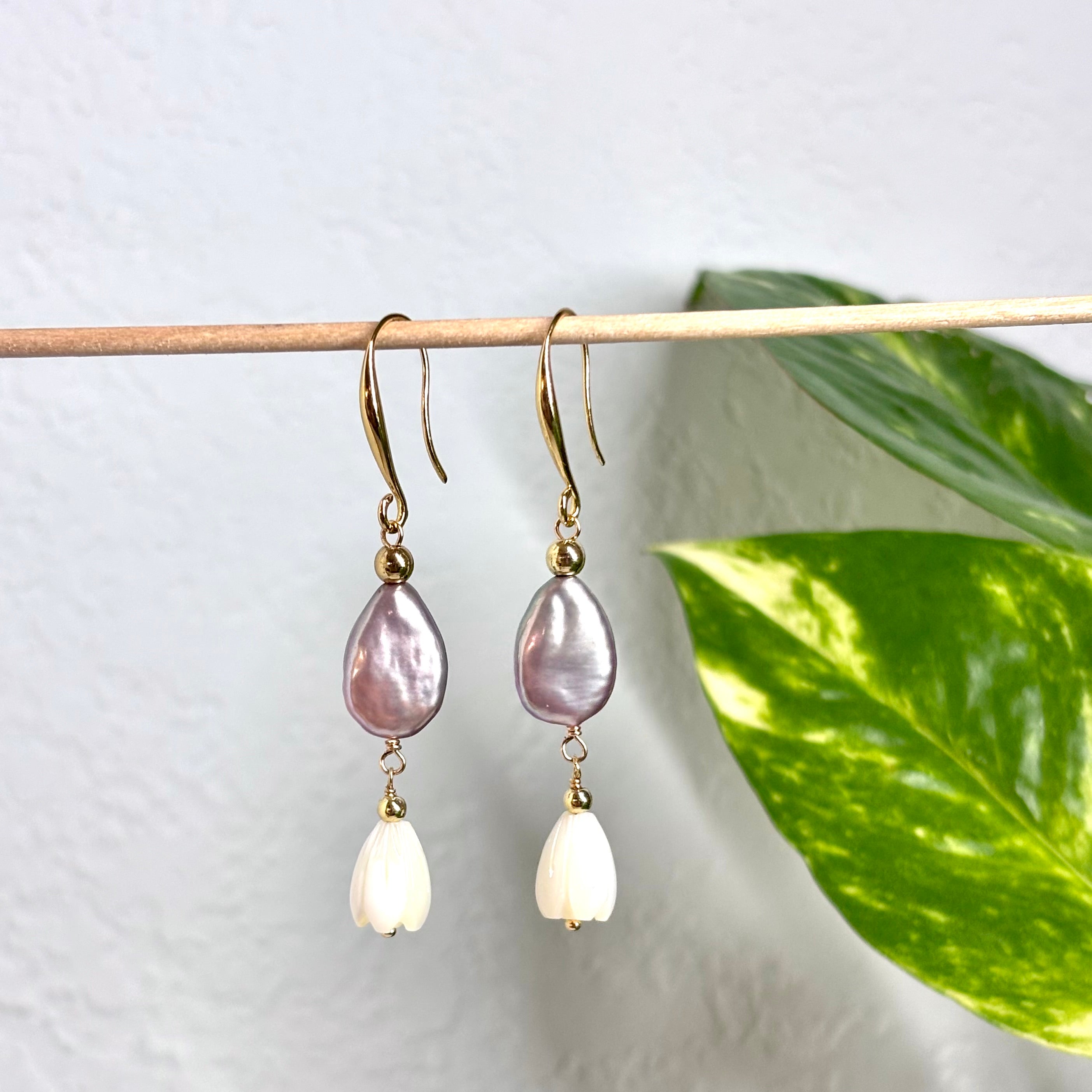 Pink teardrop Earrings w/ Pikake