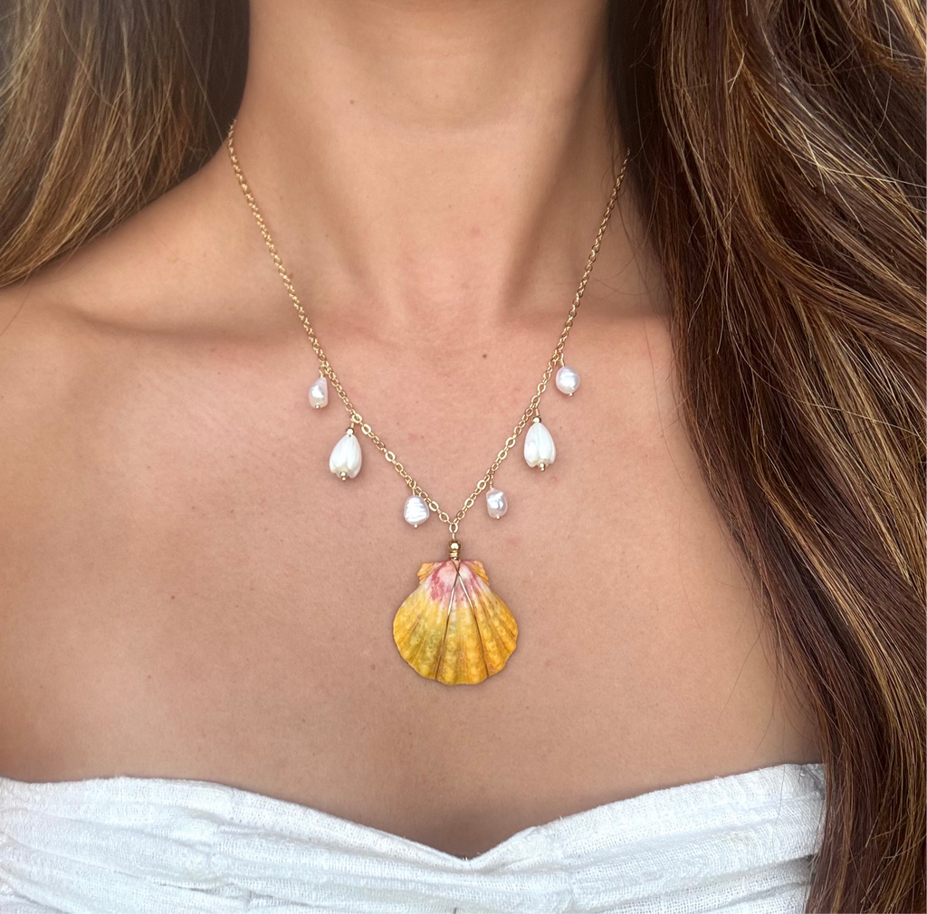 Hawaiian sunrise shell Necklace w/ white pearls and Pikake