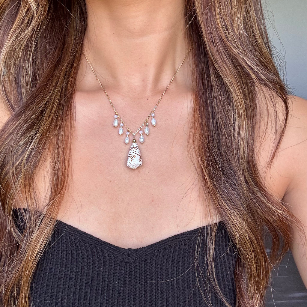 Flea cone shell charm Necklace w/ white pearls