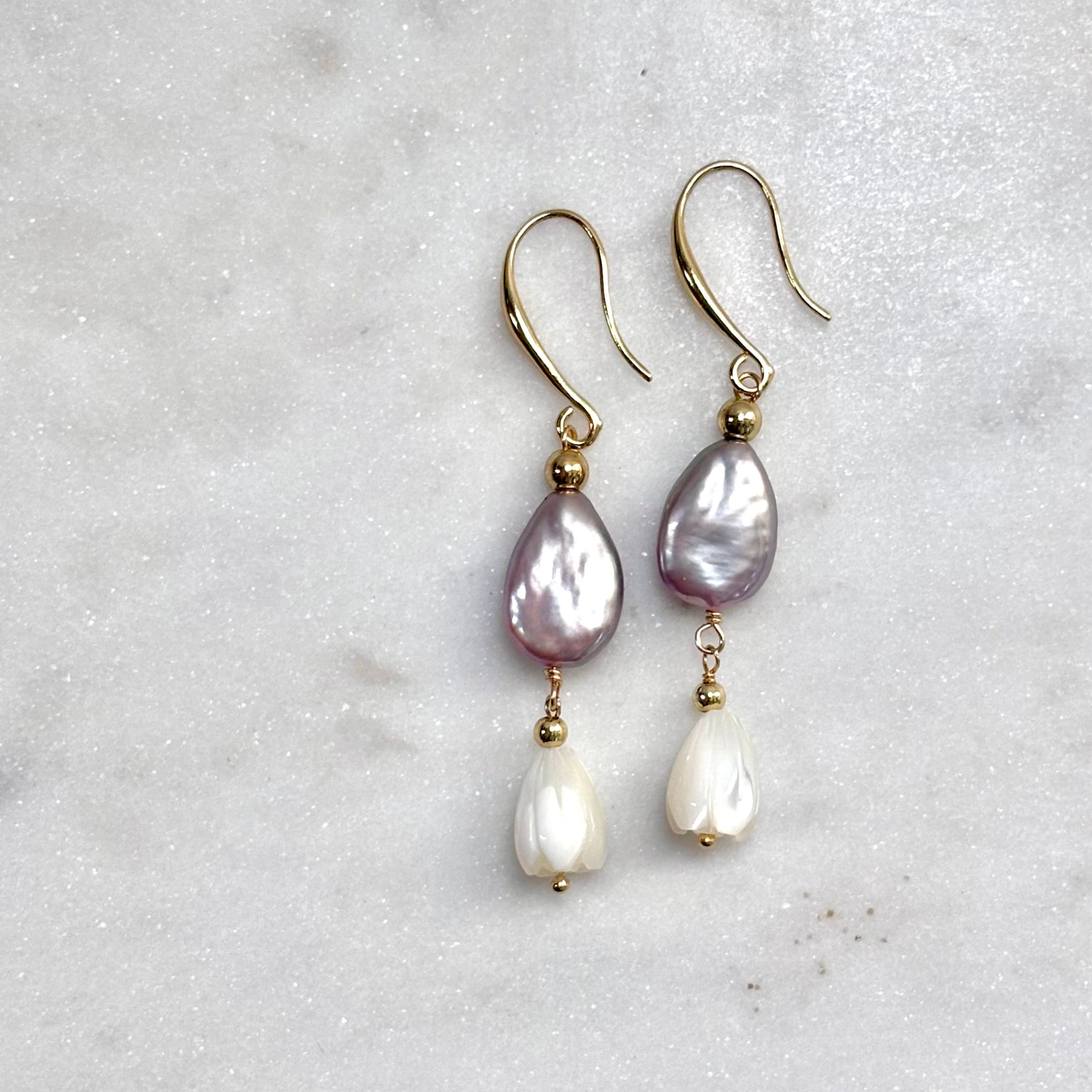 Pink teardrop Earrings w/ Pikake