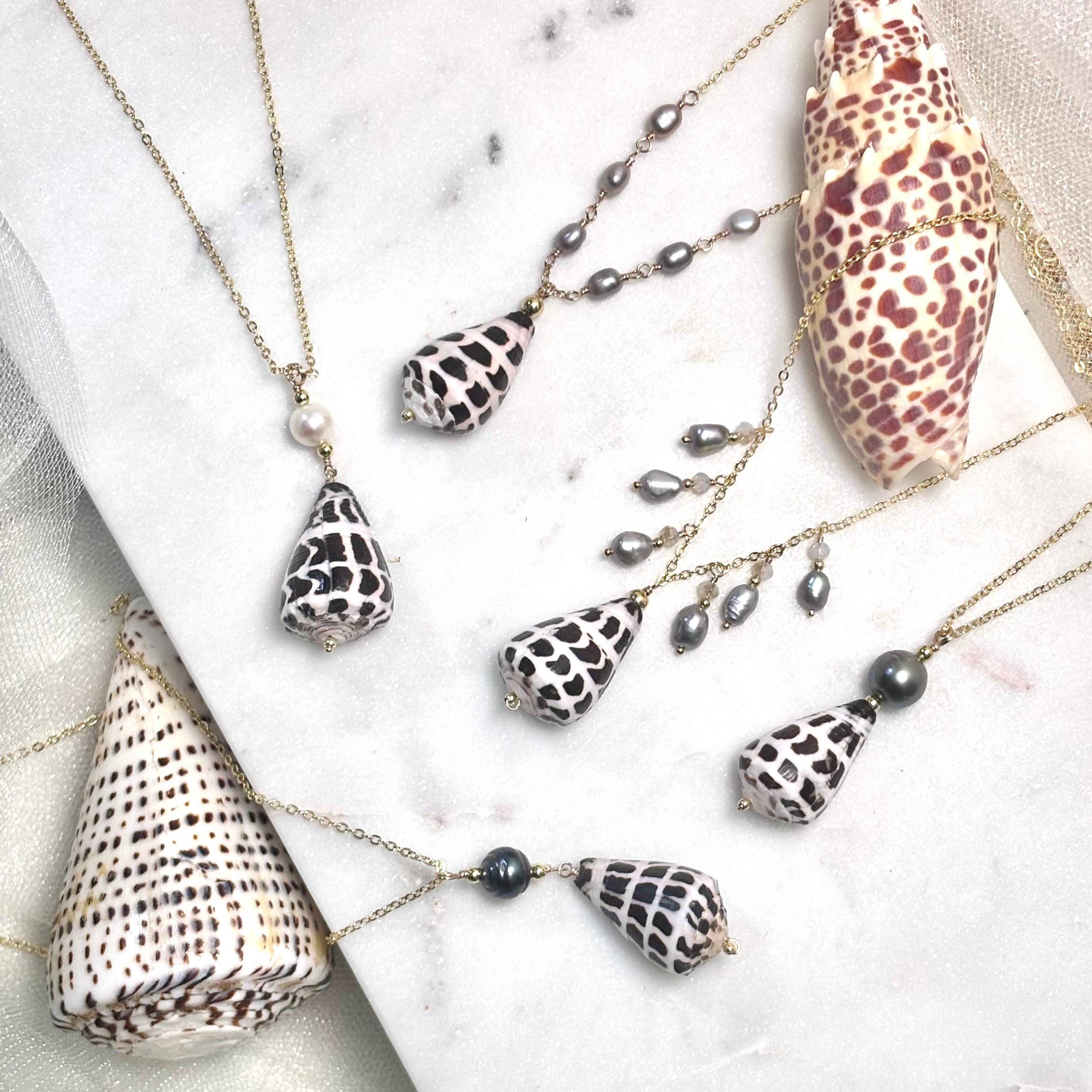 Hebrew cone shell Necklace w/ light gray pearl