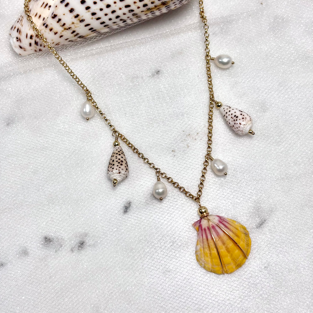 Hawaiian sunrise shell Necklace w/ flea cones and white pearls