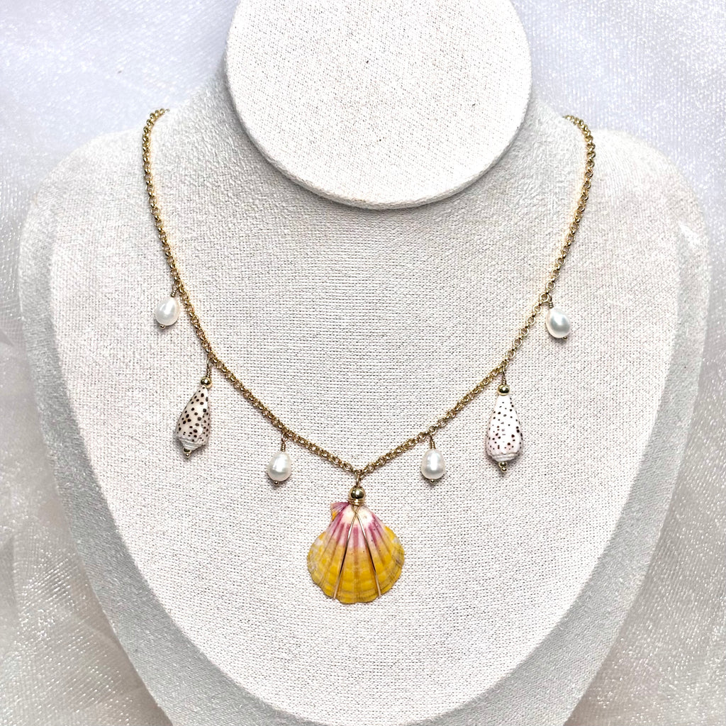 Hawaiian sunrise shell Necklace w/ flea cones and white pearls