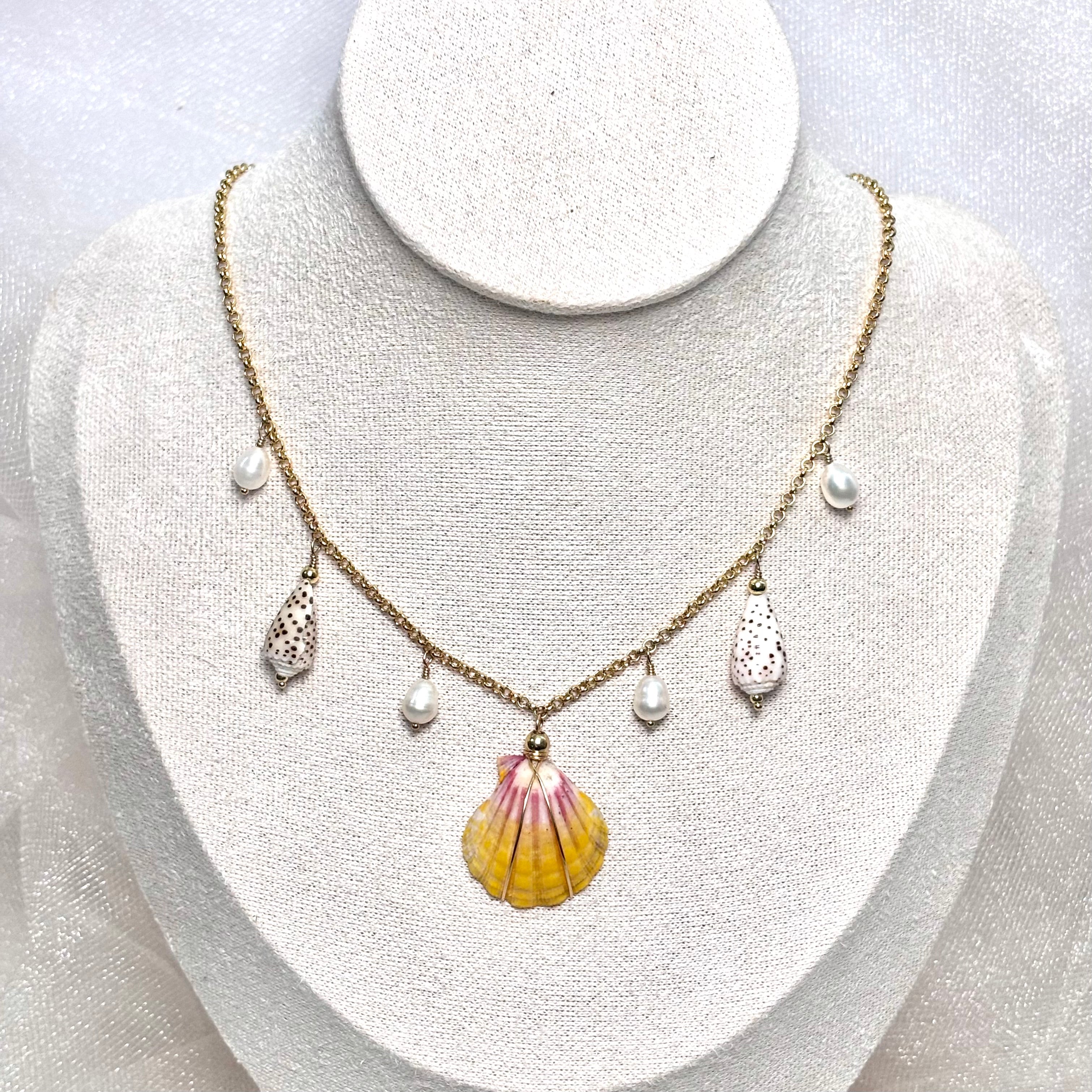 Hawaiian sunrise shell Necklace w/ flea cones and white pearls